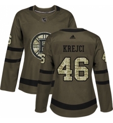 Women's Adidas Boston Bruins #46 David Krejci Authentic Green Salute to Service NHL Jersey