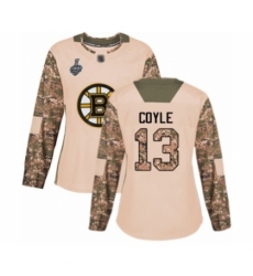 Women's Boston Bruins #13 Charlie Coyle Authentic Camo Veterans Day Practice 2019 Stanley Cup Final Bound Hockey Jersey