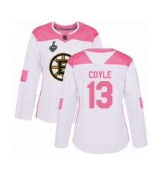 Women's Boston Bruins #13 Charlie Coyle Authentic White Pink Fashion 2019 Stanley Cup Final Bound Hockey Jersey