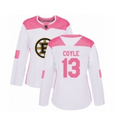 Women's Boston Bruins #13 Charlie Coyle Authentic White Pink Fashion Hockey Jersey