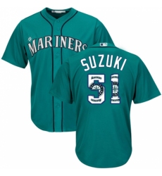 Men's Majestic Seattle Mariners #51 Ichiro Suzuki Authentic Teal Green Team Logo Fashion Cool Base MLB Jersey