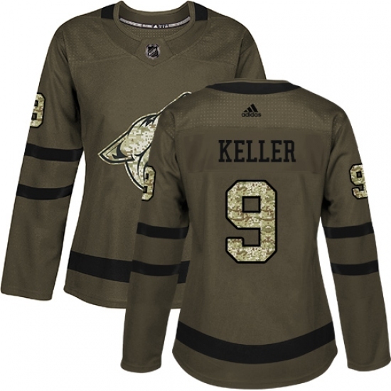 Women's Adidas Arizona Coyotes #9 Clayton Keller Authentic Green Salute to Service NHL Jersey Women's Adidas Arizona Coyotes #9 Clayton Keller Authentic Green Salute to Service NHL Jersey