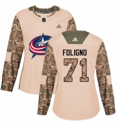 Women's Adidas Columbus Blue Jackets #71 Nick Foligno Authentic Camo Veterans Day Practice NHL Jersey