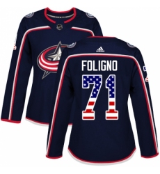 Women's Adidas Columbus Blue Jackets #71 Nick Foligno Authentic Navy Blue USA Flag Fashion NHL Jersey