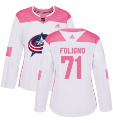 Women's Adidas Columbus Blue Jackets #71 Nick Foligno Authentic White/Pink Fashion NHL Jersey