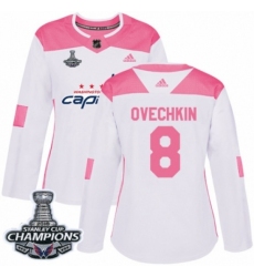 Women's Adidas Washington Capitals #8 Alex Ovechkin Authentic White Pink Fashion 2018 Stanley Cup Final Champions NHL Jersey
