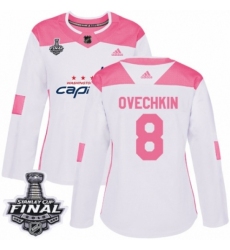 Women's Adidas Washington Capitals #8 Alex Ovechkin Authentic White/Pink Fashion 2018 Stanley Cup Final NHL Jersey