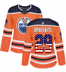 Women's Adidas Edmonton Oilers #29 Leon Draisaitl Authentic Orange USA Flag Fashion NHL Jersey