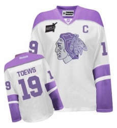 Women's Reebok Chicago Blackhawks #19 Jonathan Toews Authentic White/Purple Thanksgiving Edition NHL Jersey