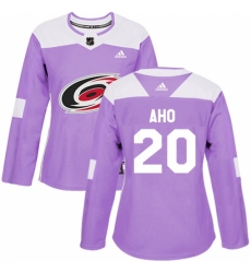 Women's Adidas Carolina Hurricanes #20 Sebastian Aho Authentic Purple Fights Cancer Practice NHL Jersey