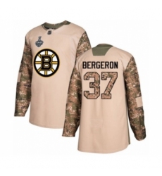 Men's Boston Bruins #37 Patrice Bergeron Authentic Camo Veterans Day Practice 2019 Stanley Cup Final Bound Hockey Jersey
