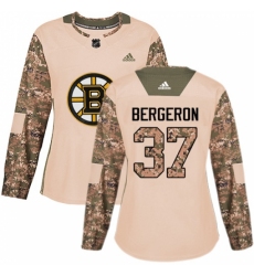Women's Adidas Boston Bruins #37 Patrice Bergeron Authentic Camo Veterans Day Practice NHL Jersey