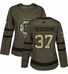 Women's Adidas Boston Bruins #37 Patrice Bergeron Authentic Green Salute to Service NHL Jersey