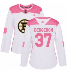 Women's Adidas Boston Bruins #37 Patrice Bergeron Authentic White/Pink Fashion NHL Jersey