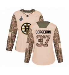 Women's Boston Bruins #37 Patrice Bergeron Authentic Camo Veterans Day Practice 2019 Stanley Cup Final Bound Hockey Jersey