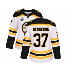 Women's Boston Bruins #37 Patrice Bergeron Authentic White Away 2019 Stanley Cup Final Bound Hockey Jersey