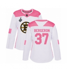 Women's Boston Bruins #37 Patrice Bergeron Authentic White Pink Fashion 2019 Stanley Cup Final Bound Hockey Jersey