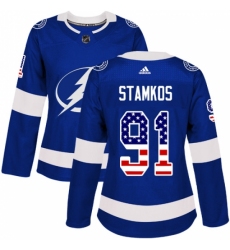 Women's Adidas Tampa Bay Lightning #91 Steven Stamkos Authentic Blue USA Flag Fashion NHL Jersey
