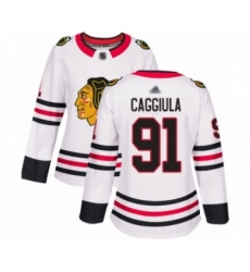 Women's Chicago Blackhawks #91 Drake Caggiula Authentic White Away Hockey Jersey