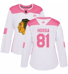 Women's Adidas Chicago Blackhawks #81 Marian Hossa Authentic White/Pink Fashion NHL Jersey