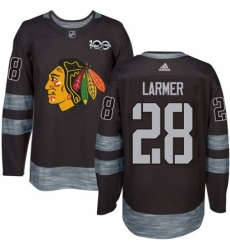 Men's Adidas Chicago Blackhawks #28 Steve Larmer Authentic Black 1917-2017 100th Anniversary NHL Jersey