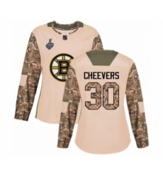 Women's Boston Bruins #30 Gerry Cheevers Authentic Camo Veterans Day Practice 2019 Stanley Cup Final Bound Hockey Jersey