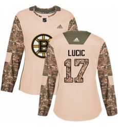 Women's Adidas Boston Bruins #17 Milan Lucic Authentic Camo Veterans Day Practice NHL Jersey