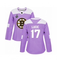 Women's Boston Bruins #17 Milan Lucic Authentic Purple Fights Cancer Practice 2019 Stanley Cup Final Bound Hockey Jersey