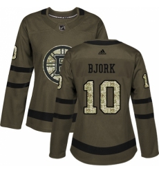 Women's Adidas Boston Bruins #10 Anders Bjork Authentic Green Salute to Service NHL Jersey