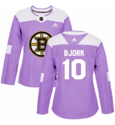 Women's Adidas Boston Bruins #10 Anders Bjork Authentic Purple Fights Cancer Practice NHL Jersey