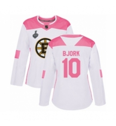 Women's Boston Bruins #10 Anders Bjork Authentic White Pink Fashion 2019 Stanley Cup Final Bound Hockey Jersey