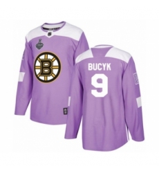 Men's Boston Bruins #9 Johnny Bucyk Authentic Purple Fights Cancer Practice 2019 Stanley Cup Final Bound Hockey Jersey