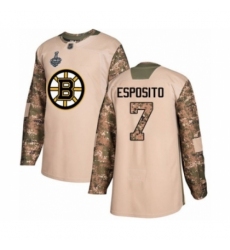 Men's Boston Bruins #7 Phil Esposito Authentic Camo Veterans Day Practice 2019 Stanley Cup Final Bound Hockey Jersey