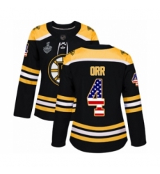 Women's Boston Bruins #4 Bobby Orr Authentic Black USA Flag Fashion 2019 Stanley Cup Final Bound Hockey Jersey