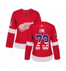 Women's Detroit Red Wings #73 Adam Erne Authentic Red USA Flag Fashion Hockey Jersey