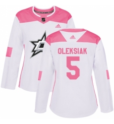 Women's Adidas Dallas Stars #5 Jamie Oleksiak Authentic White/Pink Fashion NHL Jersey