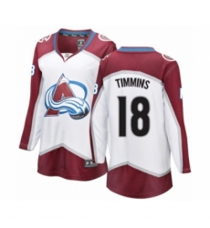 Women's Colorado Avalanche #18 Conor Timmins Authentic White Away Fanatics Branded Breakaway NHL Jersey