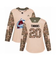 Women's Colorado Avalanche #20 Conor Timmins Authentic Camo Veterans Day Practice Hockey Jersey
