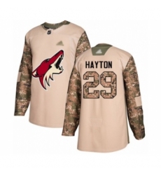 Men's Arizona Coyotes #29 Barrett Hayton Authentic Camo Veterans Day Practice Hockey Jersey