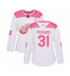Women's Detroit Red Wings #31 Calvin Pickard Authentic White Pink Fashion Hockey Jersey