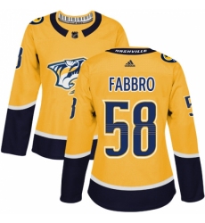 Women's Adidas Nashville Predators #58 Dante Fabbro Authentic Gold Home NHL Jersey