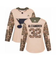 Women's St. Louis Blues #32 Nikita Alexandrov Authentic Camo Veterans Day Practice Hockey Jersey