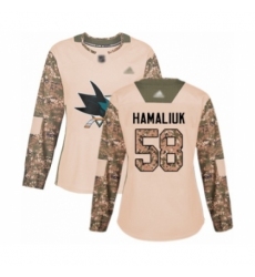 Women's San Jose Sharks #58 Dillon Hamaliuk Authentic Camo Veterans Day Practice Hockey Jersey