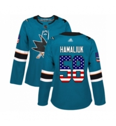 Women's San Jose Sharks #58 Dillon Hamaliuk Authentic Teal Green USA Flag Fashion Hockey Jersey