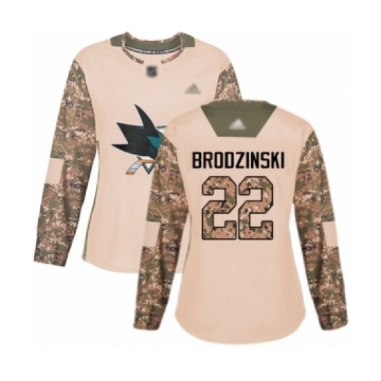 Women's San Jose Sharks #22 Jonny Brodzinski Authentic Camo Veterans Day Practice Hockey Jersey Women's San Jose Sharks #22 Jonny Brodzinski Authentic Camo Veterans Day Practice Hockey Jersey
