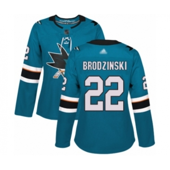 Women's San Jose Sharks #22 Jonny Brodzinski Authentic Teal Green Home Hockey Jersey Women's San Jose Sharks #22 Jonny Brodzinski Authentic Teal Green Home Hockey Jersey