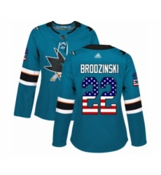 Women's San Jose Sharks #22 Jonny Brodzinski Authentic Teal Green USA Flag Fashion Hockey Jersey Women's San Jose Sharks #22 Jonny Brodzinski Authentic Teal Green USA Flag Fashion Hockey Jersey