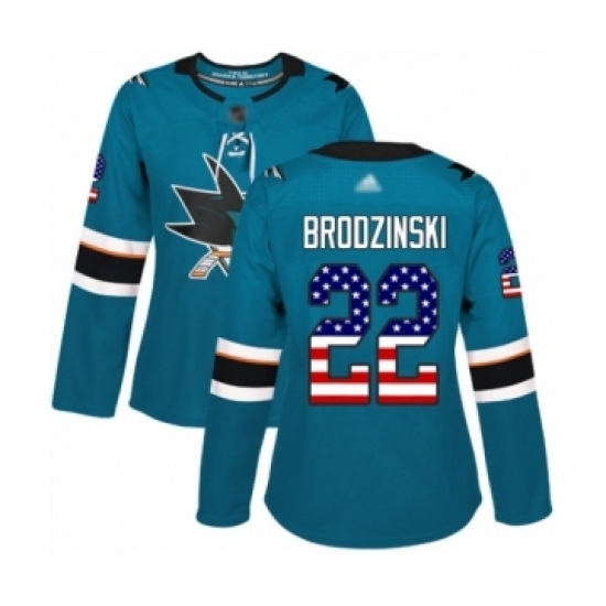 Women's San Jose Sharks #22 Jonny Brodzinski Authentic Teal Green USA Flag Fashion Hockey Jersey Women's San Jose Sharks #22 Jonny Brodzinski Authentic Teal Green USA Flag Fashion Hockey Jersey