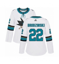 Women's San Jose Sharks #22 Jonny Brodzinski Authentic White Away Hockey Jersey Women's San Jose Sharks #22 Jonny Brodzinski Authentic White Away Hockey Jersey