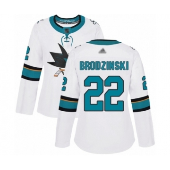 Women's San Jose Sharks #22 Jonny Brodzinski Authentic White Away Hockey Jersey Women's San Jose Sharks #22 Jonny Brodzinski Authentic White Away Hockey Jersey